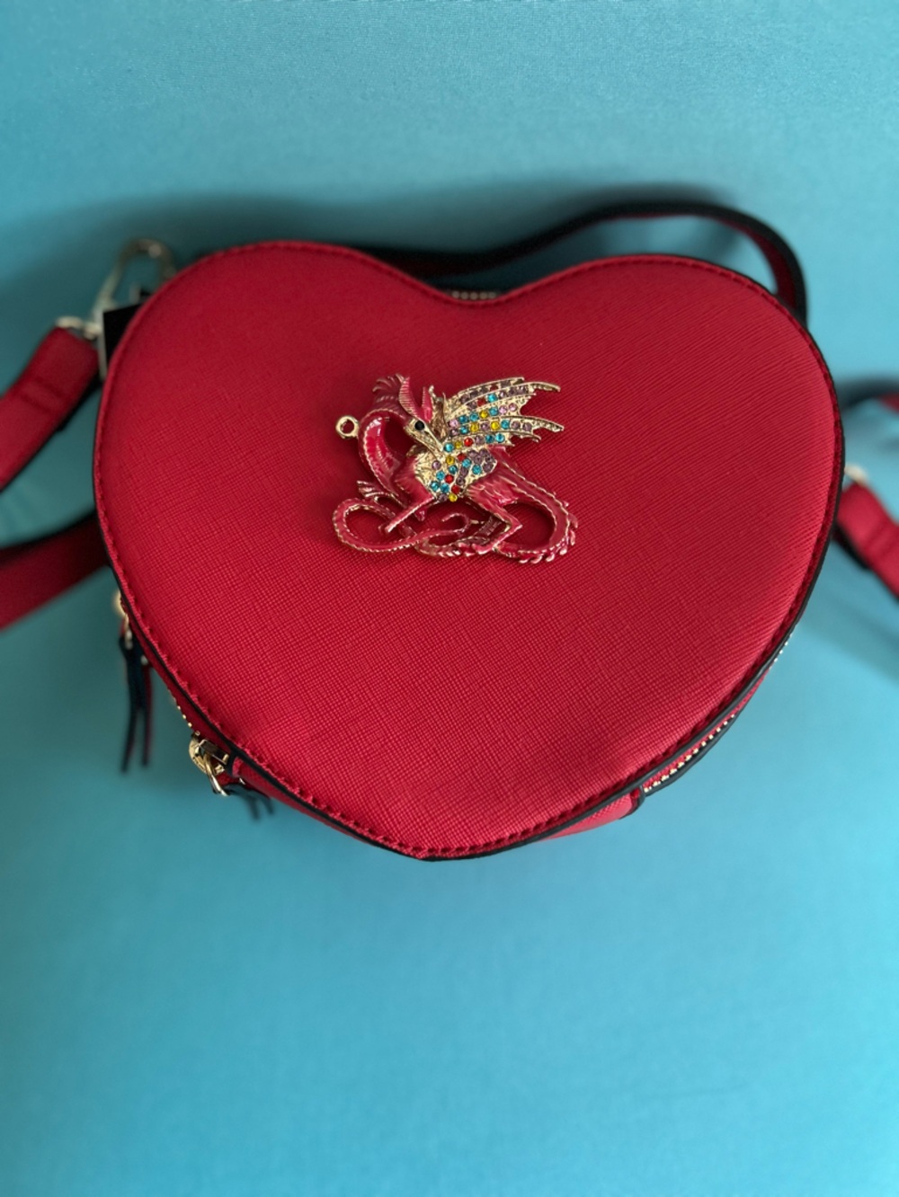 Private Label Red Heart Crossbody with Jeweled Red Dragon Accent